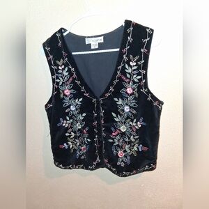 Chrysantheme Vintage M Vest Black Velvet Floral Embroidered Cotton Boho Fairy